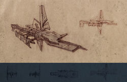  blueprint_(medium) brown_theme commentary concept_art corvette_(eve_online) english_commentary eve_online from_side highres military_vehicle minmatar_republic_(eve_online) multiple_views no_humans original pintoro science_fiction solar_panel spacecraft vehicle_focus 