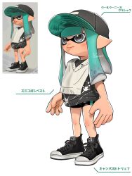  1girl aqua_hair baseball_cap black_hat black_shoes closed_mouth commentary_request cross-laced_shoes game_screenshot_inset grey_eyes hat highres inkling inkling_girl inkling_player_character long_hair looking_ahead multiple_views pointy_ears print_hat rurri_0925 shoes smile splatoon_(series) splatoon_3 standing tentacle_hair translation_request 