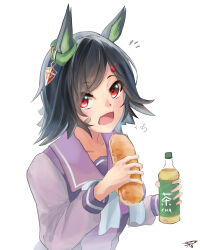  absurdres animal_ears bandaid bandaid_on_cheek bandaid_on_face black_hair blush bottle bow bowtie bread breasts collarbone food green_tea hair_between_eyes hair_ornament hairclip highres holding holding_bottle holding_food horse_ears horse_girl open_mouth parted_bangs purple_sailor_collar purple_serafuku purple_shirt red_eyes sailor_collar sailor_shirt sasami_oishine school_uniform serafuku shirt short_hair simple_background swept_bangs tea tracen_school_uniform umamusume upper_body white_background white_bow white_bowtie winning_ticket_(umamusume) 