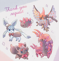  :o absurdres bird blue_eyes character_request closed_mouth commentary_request glaceon highres mofucoffee no_humans open_mouth pokemon pokemon_(creature) pokemon_focus pyukumuku scolipede smile talonflame twitter_username zorua 