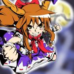  bow clenched_hands fist gourd grin hair_bow horns ibuki_suika irie_(masaki) jpeg_artifacts long_hair looking_up red_hair redhead smile solo touhou yellow_eyes 
