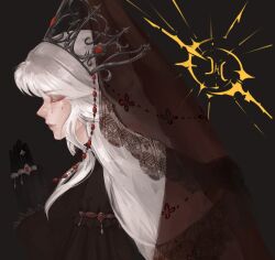  1girl absurdres behind_prayers_(infinity_nikki) black_background black_dress black_gloves black_veil chinese_commentary closed_eyes closed_mouth commentary_request crest dress duifangzhengzaishuru82069 eyeshadow from_side gloves grey_eyeshadow highres infinity_nikki jewelry lace-trimmed_sleeves lace-trimmed_veil lace_trim layered_sleeves lips long_hair long_sidelocks long_sleeves makeup multiple_rings nikki_(series) official_alternate_color pointy_nose praying procreate_(medium) ring ring_on_every_finger short_over_long_sleeves short_sleeves sidelocks simple_background solo tiara unfinished upper_body veil wavy_hair white_hair 