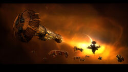  3d abaddon_(eve_online) amarr_empire_(eve_online) apocalypse_(eve_online) armageddon_(eve_online) attack_ship_(eve_online) avatar_(eve_online) battleship_(eve_online) brown_theme building capital_ship_(eve_online) cloud_background clouds combat_ship_(eve_online) commentary dated_commentary emperor_family_(eve_online) english_commentary eve_online fleet flying glowing highres letterboxed military_vehicle no_humans orange_background outdoors planet realistic scenery science_fiction space space_station spacecraft super_capital_ship_(eve_online) titan_(titanfall) vankaiser 