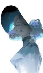  1girl absurdres bleeding blood blue_theme dress expressionless flower from_side hat hat_flower highres looking_at_viewer original rose simple_background solo turtleneck turtleneck_dress waffle820 white_background 