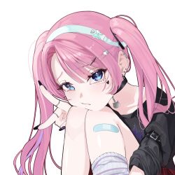  1girl bandaid bandaid_on_leg black_choker black_eyes black_hair black_nails black_shirt blue_hairband choker closed_mouth ear_piercing edge_ill facial_mark fingernails frown hairband hand_up head_on_knees head_rest heart heart_facial_mark highres jewelry knees_up long_hair looking_at_viewer multiple_rings nail_polish original parted_bangs piercing ring shirt simple_background solo twintails v white_background 