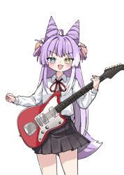  1girl ahoge aqua_eyes black_skirt bright_pupils choppy_bangs collared_shirt commentary_request cone_hair_bun cowboy_shot double_bun elppi fang fox_girl fox_tail guitar hair_bun hair_ornament hair_rings hands_up heterochromia highres holding holding_guitar holding_instrument instrument korean_commentary long_hair miniskirt neck_ribbon open_mouth pleated_skirt pom_pom_(clothes) pom_pom_hair_ornament purple_hair red_ribbon ribbon school_uniform shirt shirt_tucked_in simple_background skin_fang skirt smile solo standing stellive tail tenko_shibuki v-shaped_eyebrows virtual_youtuber white_background white_pupils white_shirt wing_collar yellow_eyes 