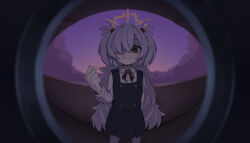  1girl absurdres bags_under_eyes blue_archive brown_eyes brown_halo brown_ribbon clenched_hand collared_shirt commentary_request diagonal-striped_ribbon dress eyeball_hair_ornament fisheye grey_hair hair_ornament hair_over_one_eye halo highres kanoe_(blue_archive) long_hair long_sleeves looking_at_viewer mojyo monitoring_(vocaloid) multicolored_eyes peephole pinafore_dress pov_peephole ribbon satooo369 scar scar_on_neck shirt sleeveless sleeveless_dress smile solo two-tone_eyes two_side_up very_long_hair white_shirt 