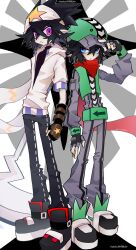  2boys absurdres adjusting_clothes adjusting_headwear aotu_world bandana belt black_gloves black_hair black_shirt black_shoes blue_eyes brothers brown_gloves camil_(aotu_world) fingerless_gloves full_body gloves green_belt green_hat green_vest grey_pants grey_shirt grin hair_between_eyes hammer hat headband highres holding holding_hammer holding_hands holding_weapon hood hood_down hooded_jacket jacket looking_at_viewer madman_yyy male_focus multicolored_gloves multiple_boys pale_skin pants parted_lips pointy_ears print_gloves print_headband ray_(aotu_world) red_scarf scarf shirt shoes short_hair siblings smile sneakers standing star_(symbol) star_print turtleneck twitter_username vest violet_eyes weapon white_headband white_jacket 