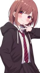  1girl black_skirt blush brown_hair collared_shirt commentary_request cowboy_shot drawstring hand_up highres hood hood_down hoodie long_sleeves necktie open_clothes open_hoodie orange_eyes original parted_lips pleated_skirt red_necktie school_uniform shirt short_hair signature simple_background skirt smile solo striped_necktie uru_aoi23 w white_background white_shirt 