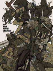  2girls 6+boys absurdres aechin0130 apron arm_ribbon bare_shoulders black_apron black_gloves black_hair black_jacket black_pants black_shirt black_shorts black_vest blonde_hair blue_eyes breasts brown_hair cloud_strife crop_top denzel_(ff7) detached_sleeves english_commentary fenrir_(final_fantasy) fenrir_(vehicle) fighting_stance final_fantasy final_fantasy_vii final_fantasy_vii:_advent_children flower full_body fusion_swords gloves goggles goggles_on_head grey_hair gun hair_ribbon hand_on_own_face hands_on_another's_cheeks hands_on_another's_face highres holding holding_gun holding_sword holding_weapon jacket kadaj kicking large_breasts long_hair long_sleeves loz marlene_wallace motor_vehicle motorcycle multiple_boys multiple_girls on_motorcycle pants red_eyes ribbon sephiroth shirt short_hair shorts shoulder_pads single_detached_sleeve single_shoulder_pad sleeveless sleeveless_shirt spiky_hair sweater sword tifa_lockhart turtleneck turtleneck_sweater twitter_username vest waist_apron weapon yazoo yellow_flower 