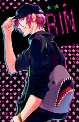  1boy adjusting_clothes adjusting_headwear animal_bag baseball_cap black_hat commentary_request free! grin hat looking_at_viewer male_focus matsuo_shin matsuoka_rin red_eyes red_hair shark_bag sharp_teeth short_hair smile solo teeth upper_body 