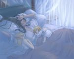  bed black_hair blonde_hair braid cat cat_ears child long_hair lying original pillow short_hair sleeping tokiko_(psychopomp) 
