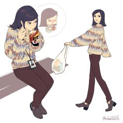  >_< 1girl absurdres amano_maya bag black_eyes black_hair brown_pants brown_shoes challlllk chibi chibi_inset chopsticks cup eating food full_body highres holding holding_bag holding_chopsticks holding_cup holding_food id_card instant_cup_noodles lanyard long_sleeves medium_hair multicolored_sweater multiple_views nail_polish pants persona persona_2 plastic_bag red_nails shoes sweater twitter_username yellow_sweater 
