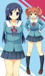  aragaki_ayase arms_behind_back blue_eyes blue_hair brown_eyes brown_hair hands_on_hips kurusu_kanako long_hair mitchie mitsu_king ore_no_imouto_ga_konna_ni_kawaii_wake_ga_nai school_uniform smile twintails 