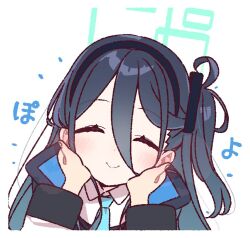  1girl ^_^ aris_(blue_archive) black_hair black_hairband blue_archive blue_halo blue_necktie blush border closed_eyes closed_mouth collared_shirt commentary_request cropped_torso double-parted_bangs facing_viewer hair_between_eyes hairband halo hands_on_own_cheeks hands_on_own_face jacket long_hair long_hair_between_eyes long_sleeves necktie one_side_up open_clothes open_jacket rectangular_halo shirt simple_background smile solo white_background white_border white_jacket white_shirt yoru_nai 