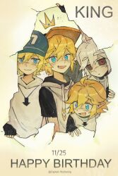  4boys :d absurdres ahoge aotu_world arrow_(symbol) baseball_cap black_gloves black_sclera black_shirt blonde_hair blue_eyes blush character_name chinese_commentary clone closed_mouth colored_sclera crown dated drawstring english_text fingerless_gloves gloves hair_between_eyes happy_birthday hat highres hood hood_down hood_up hoodie jewelry king_(aotu_world) king_(dark)_(aotu_world) looking_at_viewer male_focus multicolored_hat multicolored_hoodie multiple_boys multiple_persona necklace official_alternate_color official_alternate_eye_color official_alternate_hair_color open_mouth paper pendant pointy_ears red_eyes shirt short_hair short_sleeves smile twitter_username white_hair white_hoodie xia8394727 