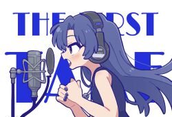  1girl blue_hair blue_nails brown_eyes english_text fingernails fis_(t83192933) from_side headphones highres idolmaster idolmaster_(classic) jewelry kisaragi_chihaya long_hair looking_ahead microphone music nail_polish necklace open_mouth profile shirt singing sleeveless sleeveless_shirt solo studio_microphone the_first_take upper_body white_background 