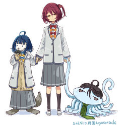  1boy 2girls ahoge black_socks blue_bow bow bowtie dated eating food green_necktie grey_skirt hair_bobbles hair_ornament hand_up highres holding_hands komari_chika make_heroine_ga_oo_sugiru! multiple_girls necktie nukumizu_kazuhiko onigiri otter red_bow red_bowtie school_uniform short_hair simple_background skirt socks solo sweater_vest tentacles toyosora tsuwabuki_high_school_uniform white_background yanami_anna yellow_bow yellow_bowtie yellow_eyes 