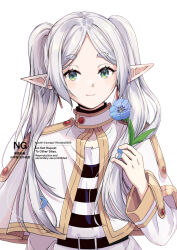  1girl belt black_belt dress elf flower frieren green_eyes highres holding holding_flower kizuka2020 long_hair pointy_ears short_eyebrows simple_background smile solo sousou_no_frieren twintails upper_body watermark white_background white_dress 