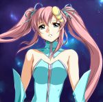  blue blue_dress blue_eyes detached_sleeves dress gundam gundam_seed hair_ornament highres lacus_clyne long_hair pink_hair solo strapless_dress twintails zundarepon 