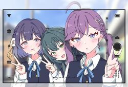  3girls ahoge blue_ribbon blue_vest blurry blurry_background blush commentary_request dress_shirt fake_phone_screenshot fake_screenshot gakuen_idolmaster green_hair hataya_misuzu hatsuboshi_gakuen_school_uniform highres idolmaster kaya_rinha looking_at_viewer matching_outfits mole mole_on_neck mole_under_mouth multiple_girls neck_ribbon outdoors purple_hair ribbon school_uniform shinouzip shirt smile syngup!_(idolmaster) tsukimura_temari upper_body v vest viewfinder white_shirt 