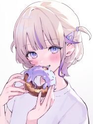  1girl blonde_hair blush doughnut eating food highres holding holding_food hololive hololive_dev_is looking_at_viewer marimo_ke multicolored_hair shirt short_hair simple_background solo streaked_hair t-shirt todoroki_hajime two_side_up upper_body violet_eyes white_background white_shirt 