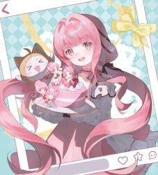 5girls ^_^ animal argyle_background bare_shoulders barefoot belt birthday birthday_cake black_belt black_bow black_ribbon blossoming_impression_(shining_nikki) blue_background blunt_bangs bow bow_choker bowtie bra_strap brown_eyes bubble_skirt cake cape cat chibi chinese_commentary choker closed_eyes closed_mouth clothed_animal collarbone commentary_request dot_nose dress eyelashes floating_hair flower food frilled_shirt frilled_sleeves frills fruit gloves gown hair_bow hair_bun hair_flower hair_intakes hair_ornament hair_ribbon half_updo happy highres holding holding_food holding_fruit holding_pasteur_pipette holding_plate infinity_nikki layered_skirt light_blush long_dress long_hair long_sleeves loose_hair_strand low_twintails medium_dress medium_skirt melody_bloom_(infinity_nikki) miracle_nikki momo_(nikki) multiple_girls multiple_persona multiple_views nikki_(nikki) nikki_(series) off-shoulder_shirt off_shoulder on_food open_mouth outside_border oversized_food oversized_object parted_bangs perfect_start_(infinity_nikki) picture_frame pink_bow pink_bowtie pink_choker pink_dress pink_flower pink_hair pink_skirt plate pleated_skirt ponytail puffy_long_sleeves puffy_sleeves red_gloves ribbon shining_nikki shirt silky_sweet_dream_(shining_nikki) single_hair_bun single_stripe sitting size_difference skirt smile standing strawberry striped_bow striped_bowtie striped_choker striped_clothes teeth tiara tress_ribbon twintails updo upper_teeth_only very_long_hair wavy_hair when_blossoms_gather_(miracle_nikki) white_cape white_cat white_dress white_shirt white_skirt yellow_bow yellow_ribbon yutoutoutoutoutou 