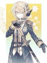  1girl absurdres artist_request belt black_gloves black_jacket blonde_hair border closed_mouth commission cowboy_shot epaulettes gloves hand_on_own_chest hasumi_leia highres jacket long_sleeves looking_at_viewer mahou_shoujo_no_majo_saiban one_eye_closed pants sash second-party_source sheath sheathed short_hair shoulder_sash smile solo standing star_(symbol) sword weapon white_border yellow_background yellow_eyes 