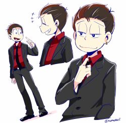  +++ 1boy adjusting_clothes adjusting_necktie alternate_costume alternate_hairstyle black_suit closed_eyes collared_shirt earrings gold_earrings grin hair_slicked_back half-closed_eyes jewelry male_focus matsuno_osomatsu mone_(14ri0000) multiple_views necktie osomatsu-san osomatsu_(series) pointing red_shirt ring shirt smile smirk suit twitter_username white_background 