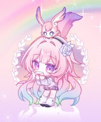  1girl alternate_costume black_hairband blue_hair chibi commentary cyrene_(honkai:_star_rail) cyrene_(ripples_of_past_reverie)_(honkai:_star_rail) diamond-shaped_pupils diamond_(shape) envelope flower full_body gradient_hair h_ae_rang hair_flower hair_ornament hairband hands_up highres holding holding_envelope honkai:_star_rail honkai_(series) long_hair long_sleeves looking_at_viewer mem_(honkai:_star_rail) multicolored_hair pink_hair purple_flower purple_skirt rainbow shirt skirt standing star-shaped_pupils star_(symbol) symbol-shaped_pupils very_long_hair violet_eyes white_shirt 