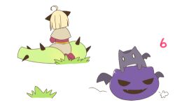  1girl acolyte_(ragnarok_online) ahoge animal_ears blonde_hair blunt_bangs brown_capelet brown_skirt capelet cat_ears cat_girl commentary_request deviling deviruchi from_behind full_body grass iyofika lowres ragnarok_online ragnarok_origin red_shirt shirt short_hair simple_background skirt slime_(creature) solo white_background 