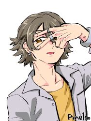  1boy brown_eyes brown_hair collarbone earrings hair_between_eyes half_updo hand_on_own_face hoop_earrings jacket jewelry kimi_to_idol_precure looking_to_the_side mature_male multiple_earrings neck open_clothes open_jacket open_mouth pineapple_1-gou precure ring shirt smirk solo twitter_username upper_body v wrist_cuffs yellow_shirt 