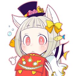  1girl :< arch_bishop_(ragnarok_online) bag blunt_bangs blush bright_pupils commentary_request dress fish_hair_ornament flower grey_hair hair_ornament hat hat_flower holding holding_bag oekakipikki pink_flower pink_hair portrait purple_hat ragnarok_online red_bag short_hair simple_background solo top_hat white_background white_dress white_pupils 