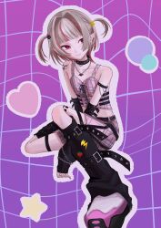  1girl absurdres amachi_9 arm_belt arm_strap bare_shoulders bat_necklace belt black_arm_warmers black_belt black_collar black_leg_warmers black_straps blunt_bangs blush chain chain_bracelet chain_necklace closed_mouth collar collarbone colored_inner_hair crop_top cross-laced_clothes cross-laced_top earclip fang food_print fruit_print full_body gradient_background grey_hair hair_bobbles hair_intakes hair_ornament heart highres jewelry knee_up leg_belt leg_tattoo leg_warmers lightning_bolt_print looking_to_the_side loose_belt makaino_ririmu makaino_ririmu_(6th_costume) midriff miniskirt multicolored_hair multiple_belts necklace nijisanji no_headwear no_jacket o-ring_collar outline pendant pink_hair pink_shoes pink_skirt pink_streaks plaid_clothes plaid_skirt pleated_skirt pointy_ears purple_background red_eyes shoes short_hair shoulder_tattoo sitting skin_fang skirt sleeveless smile solo spiked_collar spikes star_(symbol) star_hair_ornament strawberry_print streaked_hair studded_belt tattoo thigh_strap two-tone_hair two_side_up virtual_youtuber white_outline winged_heart winged_heart_tattoo wolf_cut zipper_top 