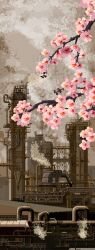  branch cherry_blossoms factory hashtag-only_commentary highres industrial_pipe kroizzz ladder no_humans original outdoors pixel_art railing scenery steam tower 