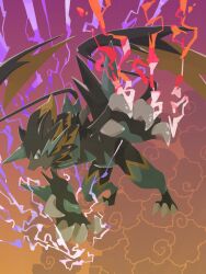  1other animal_ears black_fur blue_eyes blue_fur body_fur claws electricity fang furry highres horns mega_pokemon mega_zeraora monomo_monomos multicolored_fur open_mouth pokemon pokemon_(creature) pokemon_focus pokemon_legends:_z-a single_horn solo spikes whiskers zeraora 