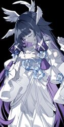  1girl absurdres alternate_costume bare_shoulders black_background black_hair closed_eyes colored_inner_hair columbina_(genshin_impact) cowboy_shot dress eye_mask flower genshin_impact hair_ribbon head_wings highres limaomao long_hair mask multicolored_hair multiple_wings pink_hair ribbon simple_background solo two-tone_hair very_long_hair white_dress white_ribbon white_wings wings 