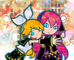  2girls arm_up belt bemani black_dress black_pants black_sailor_collar blonde_hair bow bowtie dress headphones hug kagamine_rin karasuuri1230 looking_at_another looking_to_the_side megurine_luka multiple_girls musical_note open_mouth pants pink_hair pop'n_music pop'n_music_(style) sailor_collar sailor_shirt shirt smile vocaloid white_bow white_shirt yellow_belt yellow_bow yellow_bowtie 