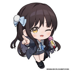  1girl black_leg_warmers black_shoes blue_bow blue_necktie bow breasts brown_hair chibi chibi_only coat collared_shirt commentary copyright_notice diesel_(nikke) diesel_(winter_sweets)_(nikke) english_commentary goddess_of_victory:_nikke grey_hair hair_bow hair_intakes highres holding holding_microphone leg_warmers long_hair long_sleeves looking_at_viewer medium_breasts microphone multicolored_hair necktie official_art one_eye_closed open_clothes open_coat open_mouth outstretched_arm pointing pointing_at_viewer shirt shoes simple_background skirt smile solo standing standing_on_one_leg tassel totatokeke two-tone_hair very_long_hair white_background wireless_microphone 