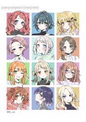  6+girls ;d ahoge alternate_hairstyle arimura_mao black_ribbon blush border braid braided_bangs brown_hair commentary_request double_bun earrings everyone forehead four-finger_heart_hands fujita_kotone gakuen_idolmaster hair_bun hair_ribbon half_up_braid hanami_saki hanami_ume hataya_misuzu head_tilt heart heart-shaped_hair heart_hands heart_in_heart_hands highres himesaki_rinami idolmaster jewelry juo_sena katsuragi_lilja kuramoto_china looking_at_viewer mole mole_under_eye multiple_girls one_eye_closed one_side_up own_hands_together ponytail portrait ribbon ring ryi5661124 shinosawa_hiro shiun_sumika short_ponytail short_twintails siblings sidelocks simple_background sisters smile steepled_fingers stud_earrings tsukimura_temari twintails twitter_username v white_border 