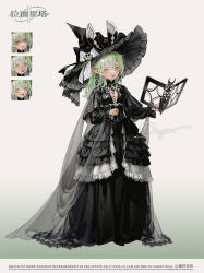  1girl animal_ear_headwear animal_ears black_cape black_capelet black_dress black_shoes book bow breasts cape capelet chinese_commentary cleavage_cutout clothing_cutout crescent crescent_earrings dress dywx_poison earrings floating floating_book floating_object frilled_dress frilled_hat frilled_sleeves frills frog_hat_ornament full_body goth_fashion gradient_background green_background green_eyes green_hair grey_lips hair_between_eyes hat hat_bow hat_ornament hexagram highres jewelry key key_necklace lace-trimmed_dress lace_trim layered_dress lipstick long_dress long_hair long_hair_between_eyes long_sleeves looking_at_viewer loosely_tucked_bangs makeup mismatched_earrings multiple_expressions necklace open_book original pointy_ears rabbit_ears see-through_cape see-through_clothes shoes silver_necklace simple_background small_breasts solo standing star_(symbol) star_earrings star_of_david sun_earrings white_background white_bow witch_hat 