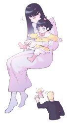  2boys 2girls black_shirt blonde_hair blue_eyes boruto:_naruto_next_generations child collared_dress cropped_torso dress facial_mark father_and_son full_body grey_eyes hair_bobbles hair_ornament hairclip half-closed_eyes highres hime_cut hyuuga_hinata long_dress long_sleeves mother_and_daughter multiple_boys multiple_girls musical_note naruto_(series) no_shoes outstretched_hand pink_socks ponytail puffy_long_sleeves puffy_sleeves running shirt short_ponytail socks spiky_hair ting uzumaki_boruto uzumaki_himawari uzumaki_naruto whisker_markings white_background white_dress white_socks yellow_dress 