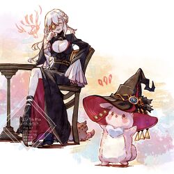  1girl belt breasts cat diabellstar_the_black_witch dress duel_monster grey_hair hat highres long_hair melffy_rabby mizutama_(mizutamalion) monocle open_mouth pink_fur rabbit sitting smile standing tagme witch_hat yu-gi-oh! 