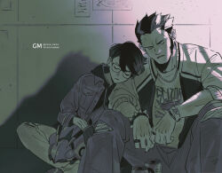  2boys aged_down arm_hair bandaid bandaid_on_face bandaid_on_forehead bracelet can chain chain_necklace closed_eyes corbeau_(pokemon) denim glasses hair_slicked_back head_on_another's_shoulder highres hood hood_down hoodie indian_style jacket jeans jewelry long_sideburns long_sleeves male_focus monochrome multiple_boys necklace on_floor on_lap open_clothes open_jacket pants philippe_(pokemon) pokemon pokemon_(creature) pokemon_legends:_z-a pokemon_on_lap print_shirt ring shirt short_hair sideburns sitting sleeping sleeping_on_person spiked_bracelet spikes sukajan torn_clothes torn_jeans torn_pants venipede yotsuban 