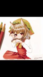  1girl ai-assisted biting cat cat_girl cat_tail chen fish highres katasumi non-web_source painting_(medium) solo tail touhou traditional_media watercolor_(medium) 