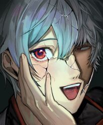  1boy black_background black_shirt broken_mask collared_shirt cracked_kawaii_mask cracked_mask eyelashes gintama hand_on_own_face highres kjii011 looking_to_the_side male_focus mask parted_bangs portrait red_eyes sakata_gintoki shirt short_hair sideways_glance simple_background solo teeth triangle_mouth upper_teeth_only white_hair 