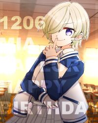  1girl blonde_hair blue_jacket character_name classroom closed_mouth collared_shirt commentary_request cowboy_shot dated hair_over_one_eye happy_birthday highres indoors jacket kanduki_kamibukuro light_particles looking_at_viewer love_live! love_live!_nijigasaki_high_school_idol_club mia_taylor one_eye_covered open_clothes open_jacket pleated_skirt shirt short_hair skirt smile solo v-shaped_eyebrows violet_eyes white_shirt white_skirt 