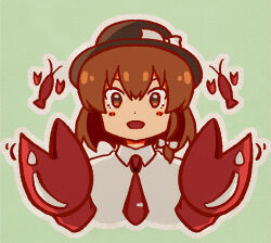  1girl black_hat blush_stickers bow brown_eyes brown_hair collared_shirt crayfish facing_viewer fake_claws green_background hair_between_eyes hat hat_bow lowres necktie open_mouth red_necktie sanwa_no_jako_(daikichi_club) shirt short_hair solo touhou usami_renko white_shirt 