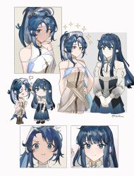  2girls :t arknights astesia_(arknights) astgenne_(arknights) astgenne_the_lightchaser_(arknights) black_corset blue_eyes blue_hair blue_skirt blush brown_dress brown_shoes chibi clenched_teeth commentary corset cropped_legs dress elysiium english_commentary full_body goggles goggles_on_head grey_shirt hair_intakes hand_on_own_hip headpat highres long_hair looking_at_another looking_at_viewer multiple_girls multiple_views portrait shirt shoes siblings simple_background sisters skirt sleeveless sleeveless_dress smile sparkle teeth twitter_username upper_body visible_air white_background 