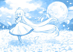  1girl ahoge arcueid_brunestud buttons clouds cloudy_sky dress eco-arc falling_petals field floating_hair flower flower_field frilled_dress frills full_moon hair_between_eyes highres long_hair looking_at_viewer monochrome moon pantyhose petals shinonome86 sky solo solo_focus tsukihime tsukihime_(remake) very_long_hair wavy_hair 